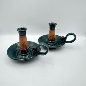 Pair Of Jason Parsley Pottery Candle Holders Dk Green Floral Signed 1996